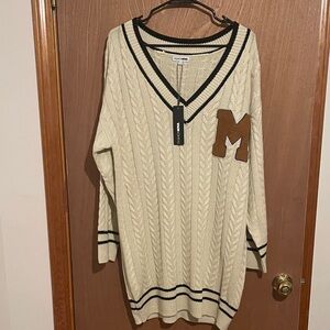 Cream V-Neck Sweater with Brown Patch